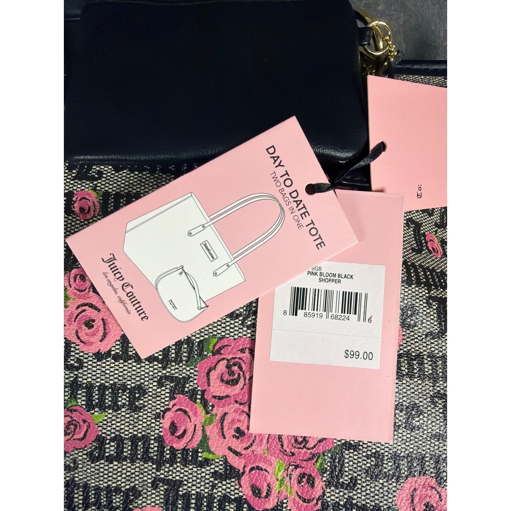 Juicy Couture Day to Date Tote Bag Pink Bloom Black Floral Monogram Shopper NEW - Picture 8 of 10